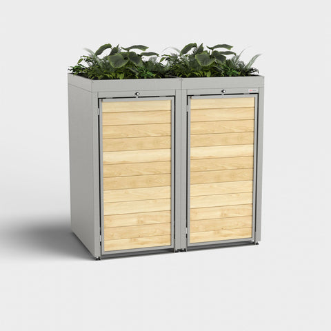 Tweepersoons afvalcontainer Holzmichl met plantendak RAL 9007 van BIO Stefan.