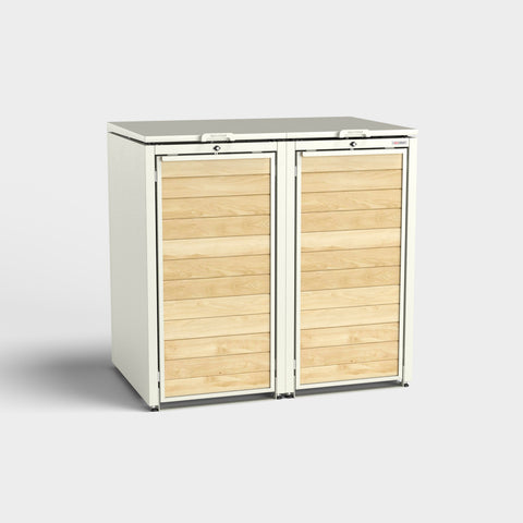 Mülltonnenbox Holzmichl 2 RAL 9010 van BIO Stefan, in wit metaal met houten bekleding.