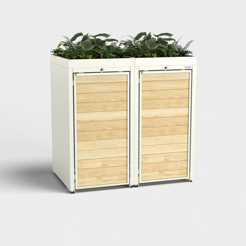 Tweepersoons afvalcontainer Holzmichl met planten op het dak, kleur RAL 9010.