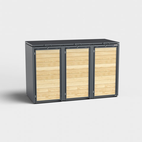 Triple BIO Stefan trash bin box with wood look, color code RAL7016.