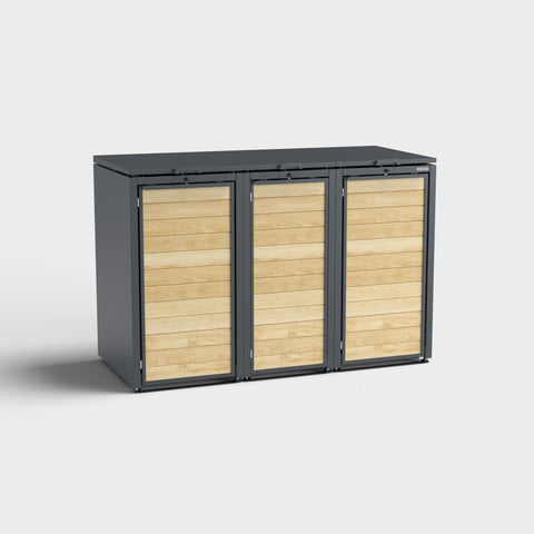 Box pour poubelles Holzmichl 3 en RAL7016 avec revêtement en bois.