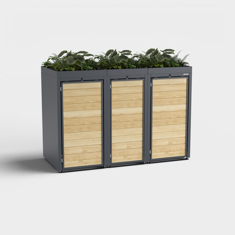 Garbage bin box Holzmichl 3, RAL7016, with plant roof by BIO Stefan.