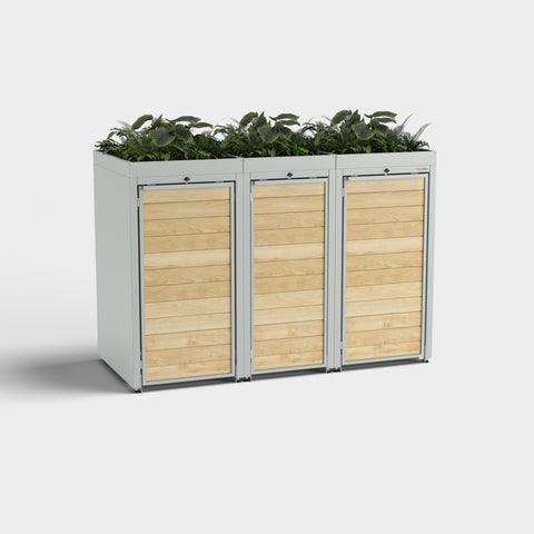 Soptunnabox Holzmichl 3 RAL7035 med planteringsdäck, tre dörrar av trälameller.
