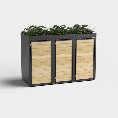 Tredelad soptunnabox Holzmichl RAL9005 med planteringsdäck.