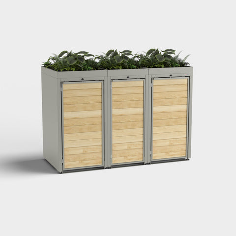 Soptunnabox Holzmichl 3 RAL9007 med växttak och tre fack.