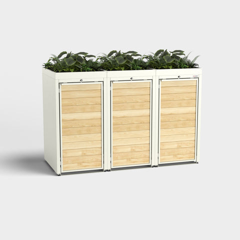 Bijela kutija za kante za smeće Holzmichl 3 s biljkama na krovu, RAL 9010.