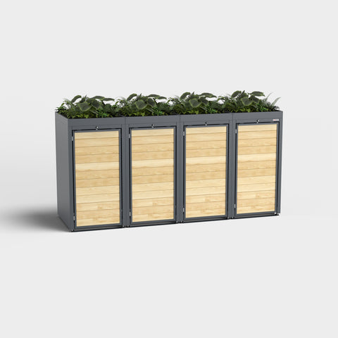 Cassonetto per bidoni Holzmichl 4 con tetto verde in RAL7016, quattro scomparti.
