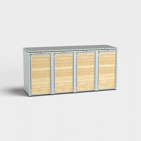 Holzmichl 4er Mülltonnenbox in RAL7035 con frontali in legno.