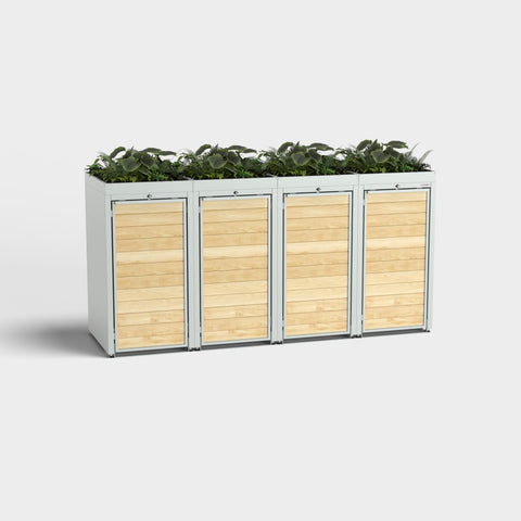 Quattro contenitori per bidoni della spazzatura Holzmichl RAL7035 con tetto verde.