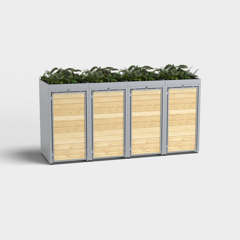 Holzmichl 4er Mülltonnenbox RAL7045 con tetto verde in legno e metallo.