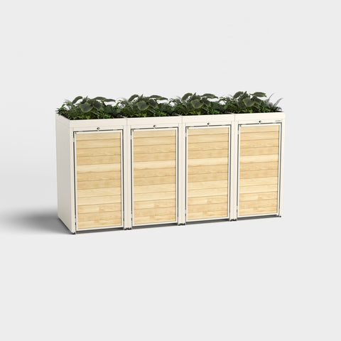 Box per bidoni della spazzatura Holzmichl 4 di BIO Stefan con tetto verde in RAL 9001.