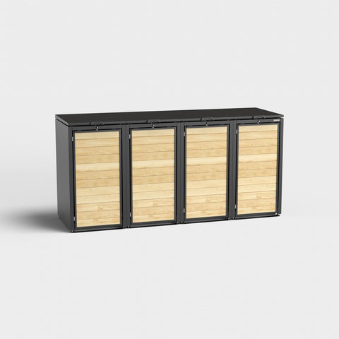 Mülltonnenbox Holzmichl 4 in RAL9005, quadriplo con effetto legno e cornice nera.