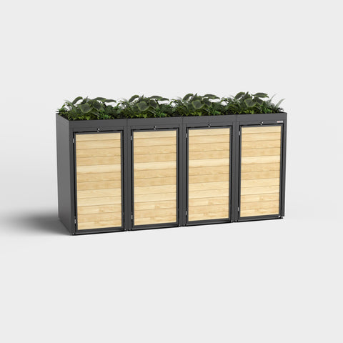 Holzmichl Mülltonnenbox con quattro scomparti e tetto verde in RAL9005.