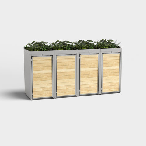 Cassonetto per bidoni Holzmichl 4 posti in RAL 9007 con tetto verde.