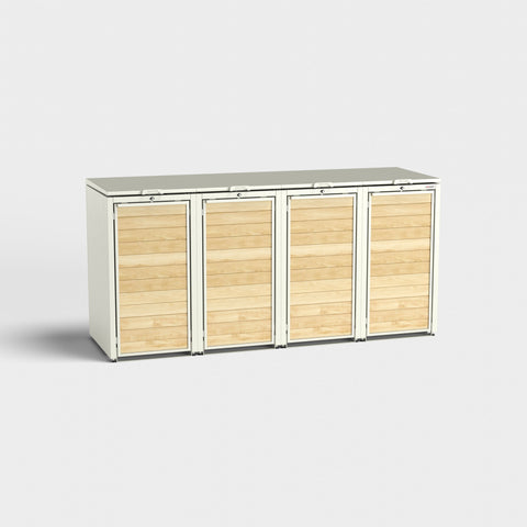 Holzmichl 4er Mülltonnenbox in RAL 9010 con rivestimento in legno.