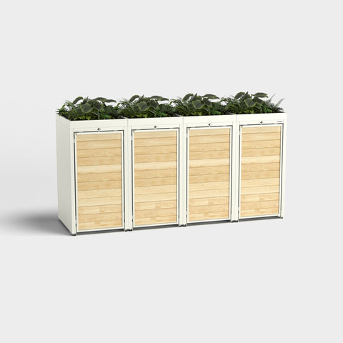Box per quattro bidoni della spazzatura Holzmichl con tetto verde in RAL 9010.