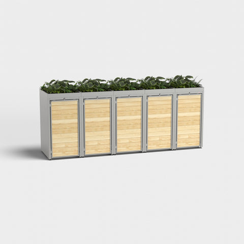 Spremnik za kante za smeće Holzmichl 5 RAL 9007 s biljkama na krovu.