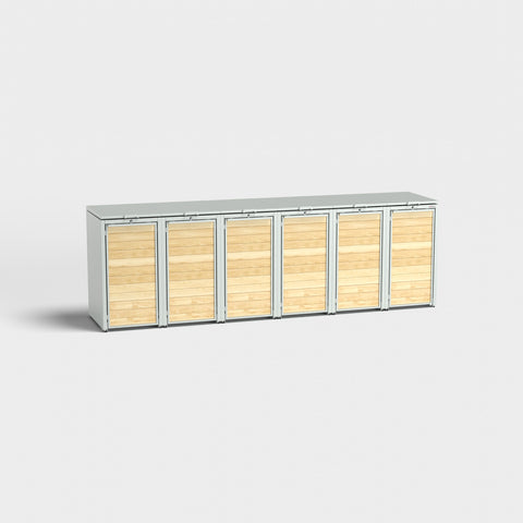 Sechsteilige Mülltonnenbox Holzmichl in RAL7035 von Bio Stefan.