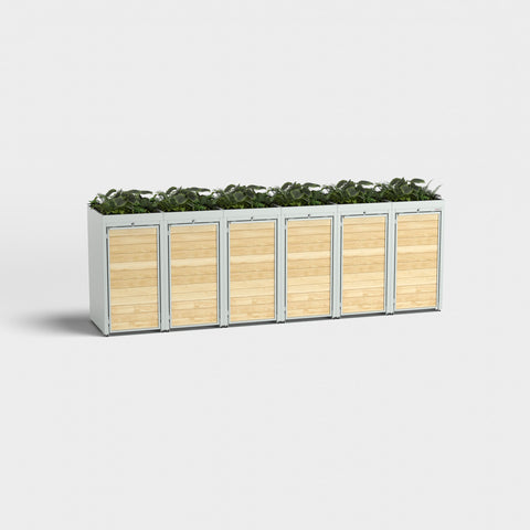 Mülltonnenbox Holzmichl 6 von BIO Stefan mit Pflanzdach in RAL7035.