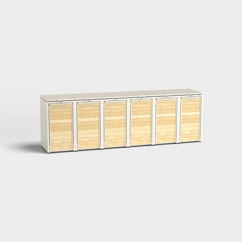 Mülltonnenbox von Holzmichl in RAL9001 mit Holztüren, sechsteilig.