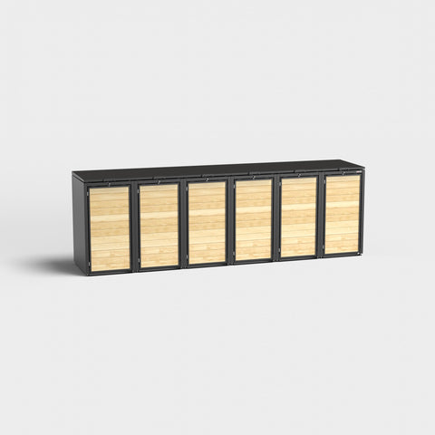 Mülltonnenbox Holzmichl 6 in RAL9005 mit Holzverkleidung.