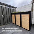 Garbage bin box made of natural spruce wood from BIO Stefan with a green roof and black frame.