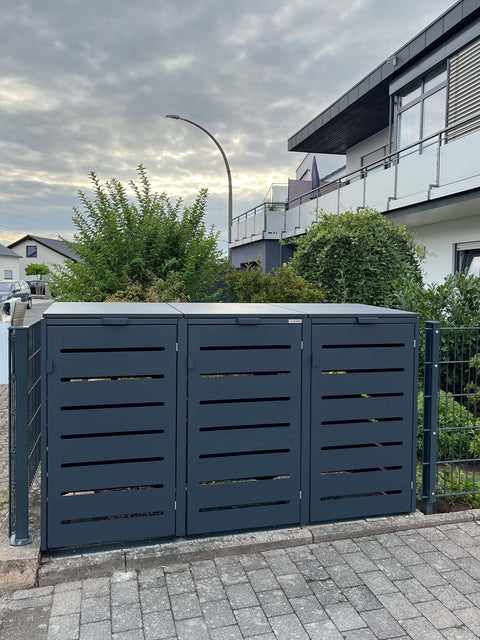 Box per bidoni della spazzatura Alubert 3 contenitori in antracite integrato nella recinzione