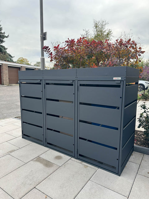 Box per bidoni della spazzatura Dagobert 3 contenitori con tetto verde in antracite per bidoni da 120 litri