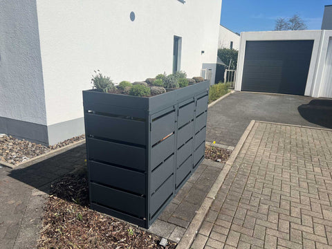 Box per bidoni della spazzatura Dagobert 3 contenitori con tetto verde in antracite per bidoni da 120 litri