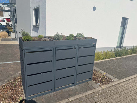 Box per bidoni della spazzatura Dagobert 3 contenitori con tetto verde in antracite per bidoni da 120 litri