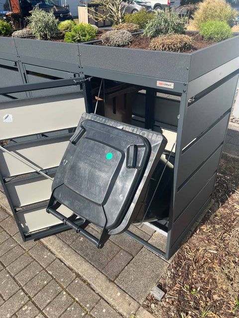 Box per bidoni della spazzatura Dagobert 3 contenitori con tetto verde in antracite per bidoni da 120 litri