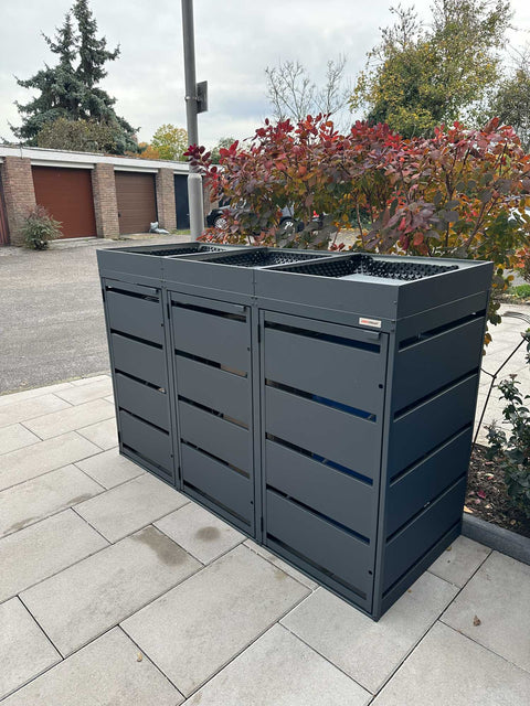 Box per bidoni della spazzatura Dagobert 3 contenitori con tetto verde in antracite per bidoni da 120 litri