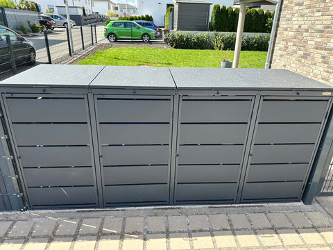 Box per bidoni della spazzatura a 4 contenitori in acciaio verniciato a polvere color antracite da integrare nella recinzione
