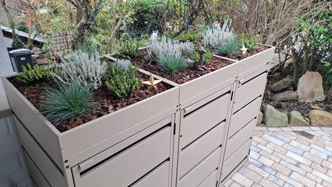 Box per bidoni della spazzatura Dagobert 3 contenitori da 120L con tetto verde in colore speciale (RAL1019)