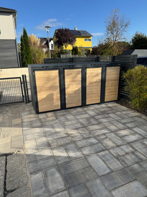 BIO Stefan Holzmichl Mülltonnenbox 4er Kombination 120l 240l, Anthrazit mit Holzfront in moderner Einfahrt