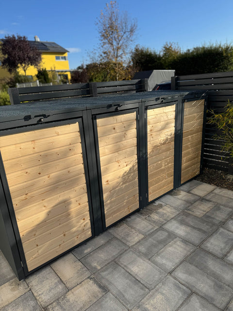BIO Stefan Holzmichl Mülltonnenbox 4er Kombination 120l 240l, anthrazit mit Holzfront auf Terrasse