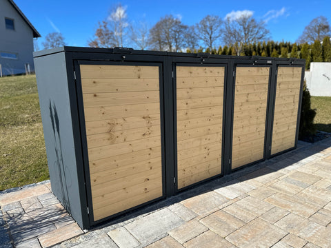 BIO Stefan Holzmichl Mülltonnenbox 4er Kombination 120l 240l, anthrazit mit Holzfront im Garten