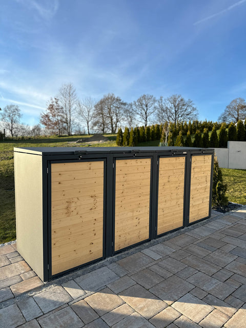 BIO Stefan Holzmichl Mülltonnenbox 4er Kombination 120l 240l mit Holzfront in Anthrazit im Garten