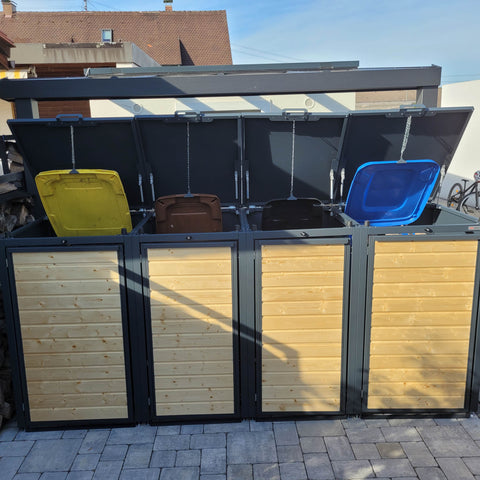 BIO Stefan Holzmichl Mülltonnenbox 4er Kombination Anthrazit mit Holzfront für 120l und 240l Tonnen