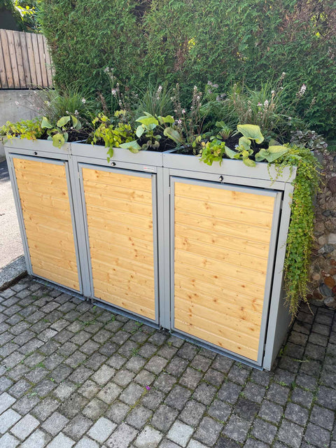Box per bidoni della spazzatura Holzmichl 3 contenitori con tetto verde - Montaggio in pendenza
