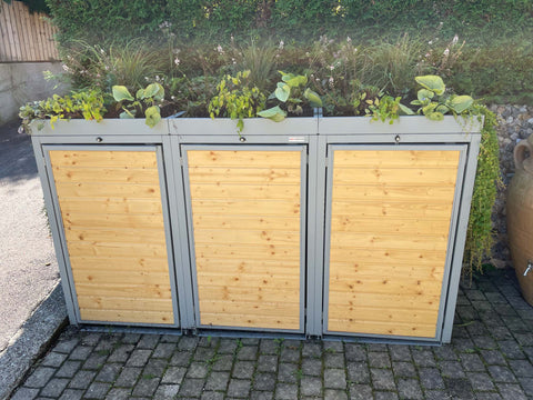Box per bidoni della spazzatura Holzmichl 3 contenitori con tetto verde - Montaggio in pendenza