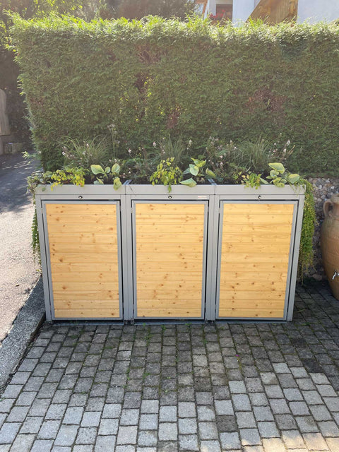 Box per bidoni della spazzatura Holzmichl 3 contenitori con tetto verde - Montaggio in pendenza