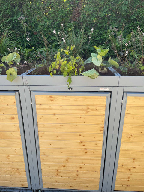 Box per bidoni della spazzatura Holzmichl 3 contenitori con tetto verde - Montaggio in pendenza
