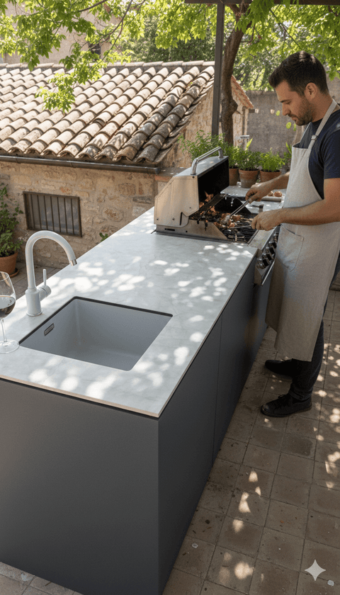 Person grilling in a modern outdoor kitchen.