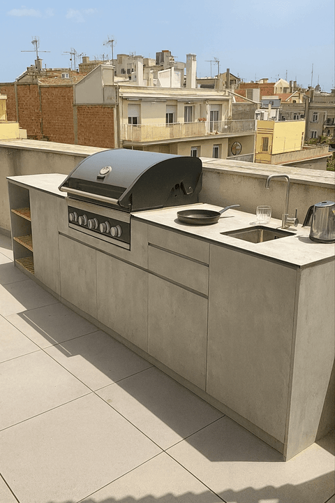 Outdoor kitchen with grill and sink on a terrace.