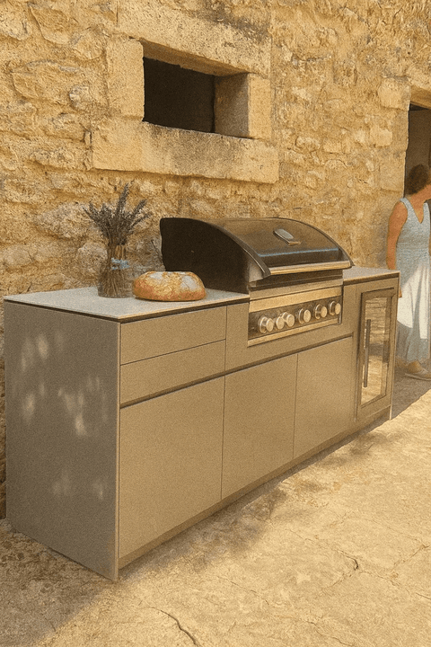 Outdoor kitchen by BIO Stefan in front of a stone wall with a grill and decoration.