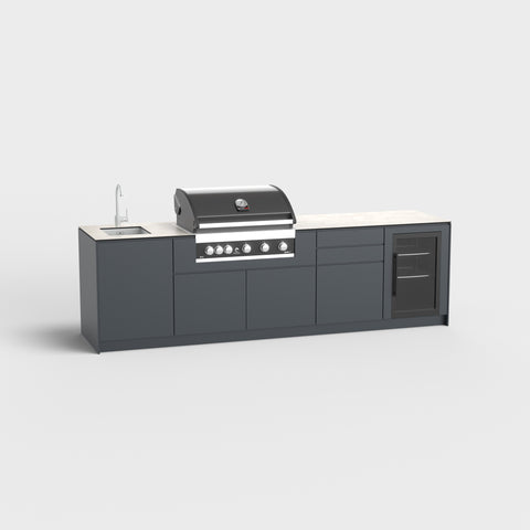 Udendørskøkken Emma med vask, grill, skabe og køleskab i RAL7016.