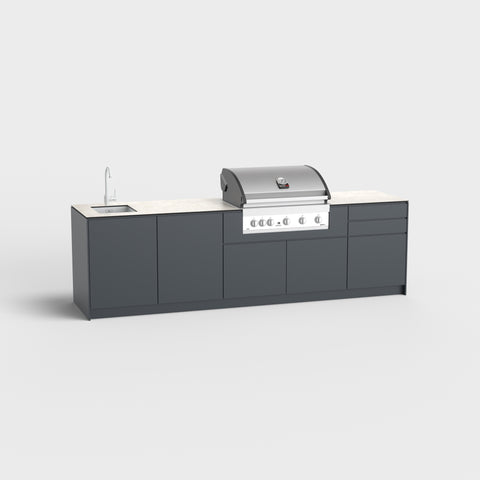 Outdoorküche Emma mit Spüle, Schrank, Grill und Kühlschrank in RAL7016.