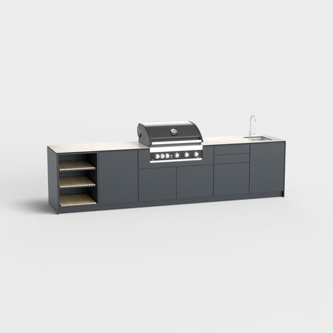 Udendørskøkken Valentina med hylde, skab, grill og vask i RAL7016.