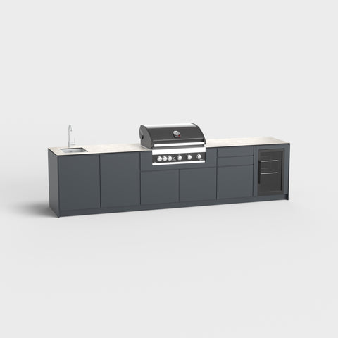 Outdoorküche Valentina mit Spüle, Schrank, Grill, Laden und Kühlschrank in RAL7016.